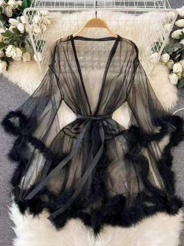 Women's Sexy Solid Fuzzy Trim Flounce Sleeve Sheer Tulle Pj Robe, Night Gown for Women, Plain Long Sleeve Nightgown for Home Wear, Bride's Dressing Gown, Women's Sleepwear & Loungewear,  2000s Wear