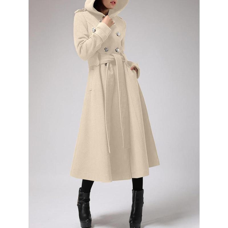 Fisoew Womens Long Double-Breasted Hooded Coat Winter Warm Wool Trench Coat with Belts N3E233