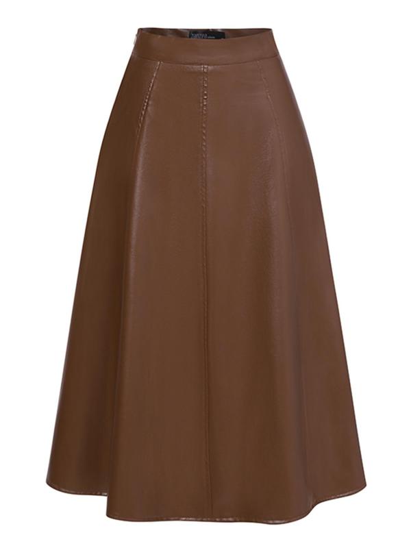 Women's Solid  Pu Leather Skirt, Fashion Casual A Line Midi Skirt for Daily Outdoor Wear, Women's Bottoms for Fall & Winter