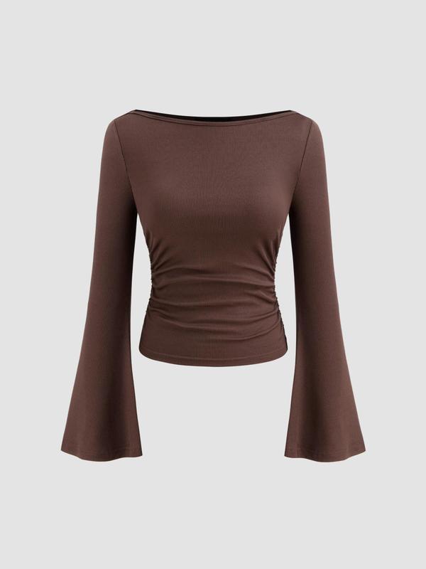 Women's Plain Ruched Flounce Sleeve Tee, Elegant Long Sleeve T-shirt for Fall & Winter, Women's Clothing for Daily Wear