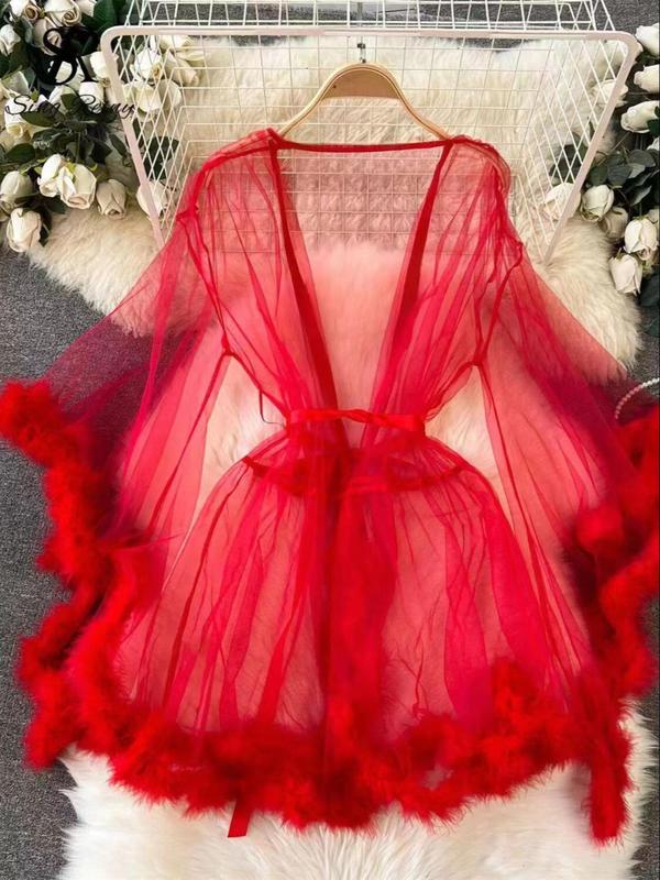 Women's Sexy Solid Fuzzy Trim Flounce Sleeve Sheer Tulle Pj Robe, Night Gown for Women, Plain Long Sleeve Nightgown for Home Wear, Bride's Dressing Gown, Women's Sleepwear & Loungewear,  2000s Wear