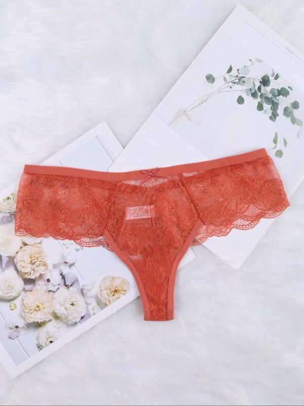 Women's 6pcs Floral Lace Bow Decor Sheer Thongs, Soft Comfy Breathable Knickers for Daily Wear, Ladies Underwear for All Seasons