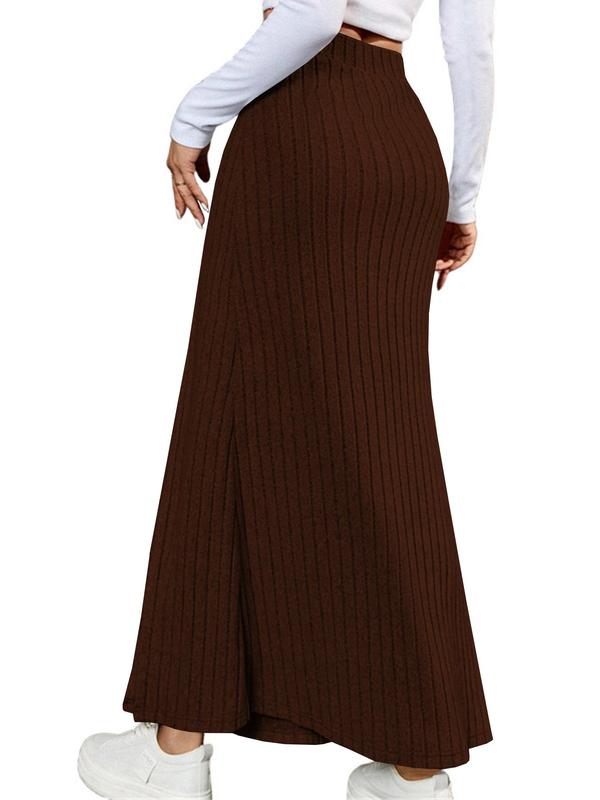Women's Plain Split Thigh Button Decor Ribbed Bodycon Skirt, Casual High Waist Long Skirt for Daily Wear, Ladies Bottoms for All Seasons