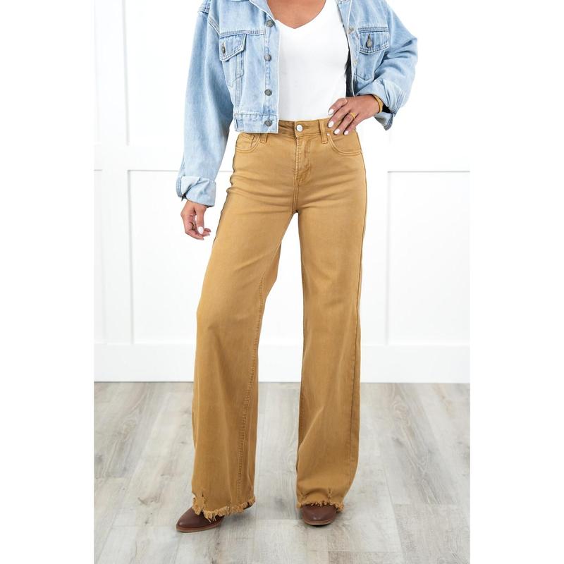 Risen High Rise Khaki Distressed Hem Wide Leg Jeans