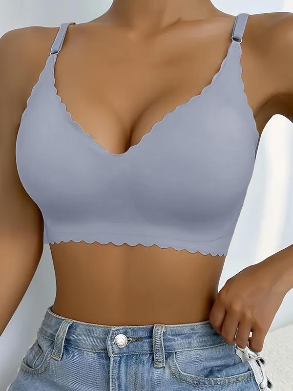 Women's 3pcs Solid Scallop Trim Wireless Push Up Bra, Soft Comfy Breathable Lingerie Top for Daily Wear,  Lingerie for Women, Women's Underwear for All Seasons, Summer Wear 2024