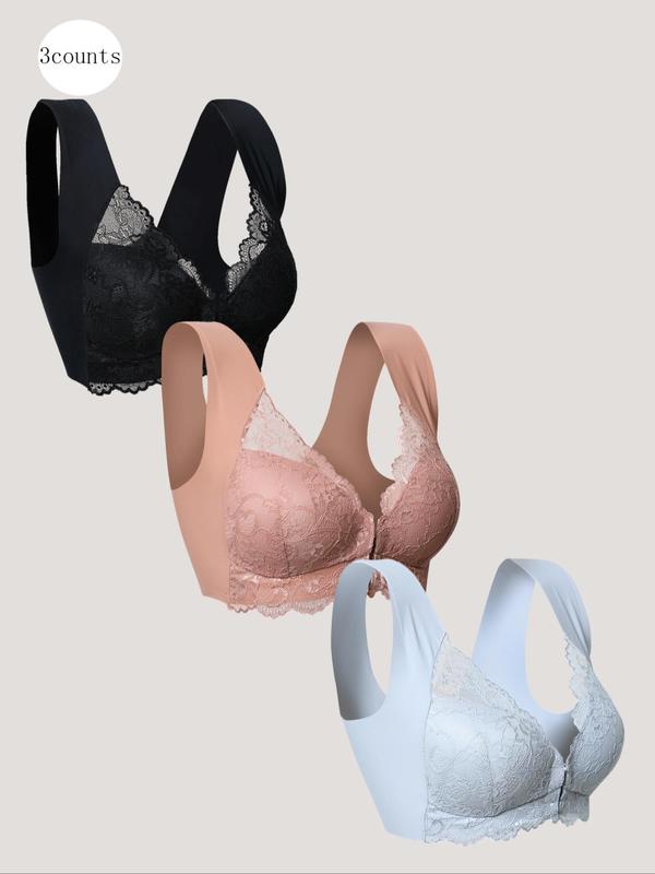Women's Solid Color Contrast Lace Wireless Bra, Soft Comfy Breathable Push Up Bra, Lingerie for All Seasons