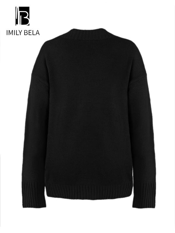 Basic Plain Wrap Drop Shoulder Sweater, Lady Minimalist Casual Comfort Long Sleeve V Neck Jumper Tops for Fall & Winter, Womenswear, Knitwear for Daily Life, Fall Clothing Women, Sweaters for Women, Winter Clothes Women