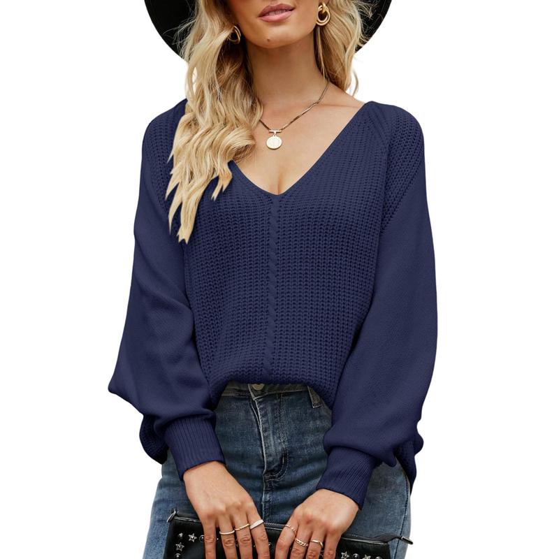Dokotoo Women's Casual V Neck Sweaters Long Sleeve Pullover Sweater Knit Jumper Tops