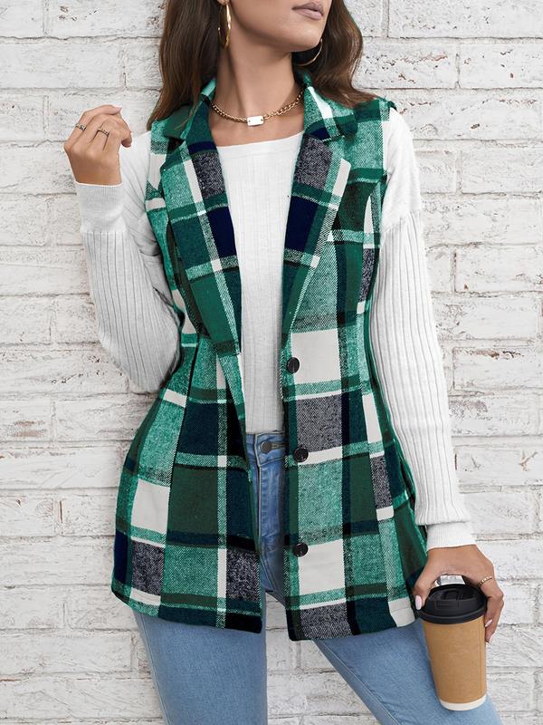 Women's Plaid Print Button Front Vest Blazer, Casual Pocket Lapel Sleeveless Outerwear for Spring & Fall, Ladies Clothes for Daily Wear
