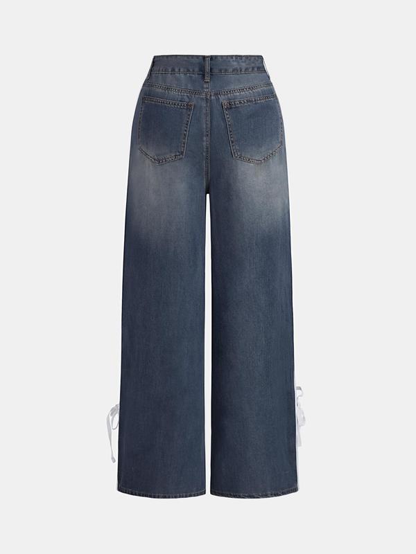 YOZY Women's Side Stripe Pocket Button Fly Wide Leg Jeans, Casual Denim Pants for Fall & Winter, Women's Trousers for Daily Wear