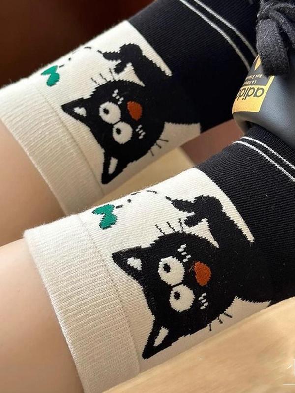 Women's Cartoon Cat Print Mid-calf Sock, 8 Pairs Casual Moisture Wicking Sock, Soft Comfy Breathable Sock for All Seasons Daily Wear
