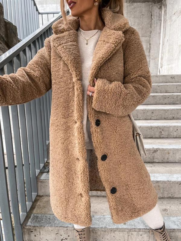 Women's Plain Button Front Lapel Neck Longline Teddy Coat, Casual Elegant Warm Long Sleeve Plush Coat for Fall & Winter, Women's Outerwear for Daily Outdoor Wear Christmas