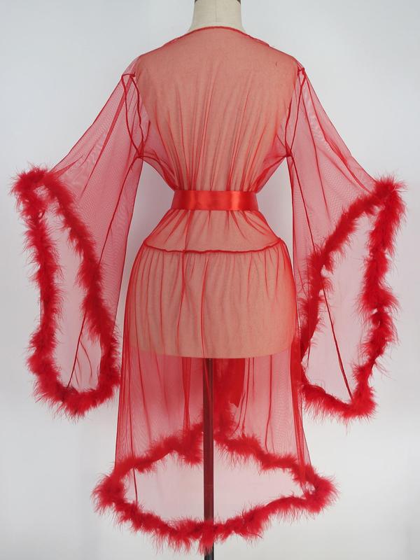 Women's Sexy Solid Fuzzy Trim Flounce Sleeve Sheer Tulle Pj Robe, Night Gown for Women, Plain Long Sleeve Nightgown for Home Wear, Bride's Dressing Gown, Women's Sleepwear & Loungewear,  2000s Wear