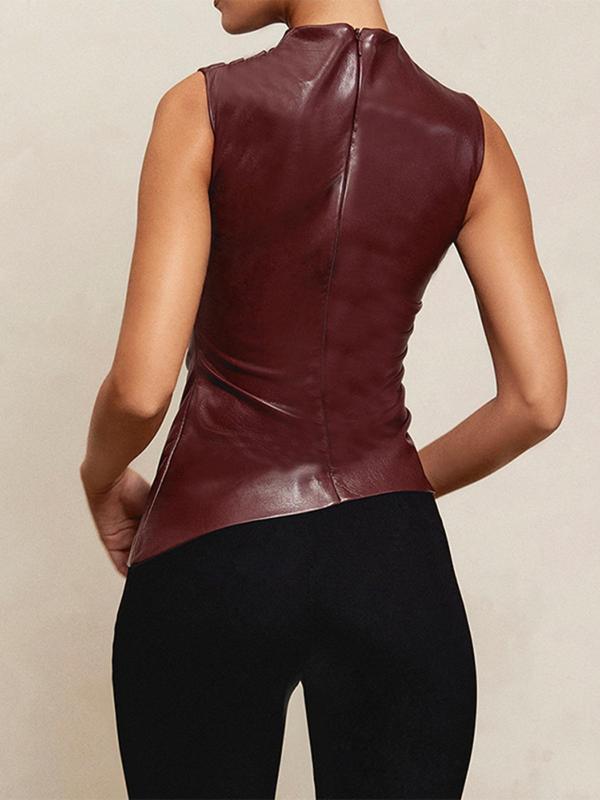 Women's Solid Ruched Mock Neck PU Leather Tank Top, Fashion Casual Asymmetrical Zipper Back Sleeveless Top for Daily Outdoor Wear, Women Clothing for Spring & Fall