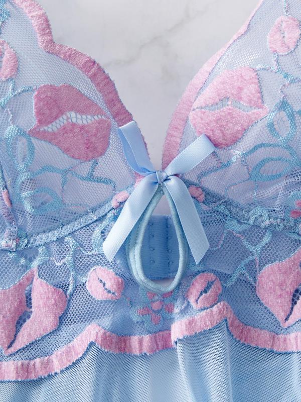 Women's Contrast Lace Bow Decor Sexy Lingerie Two-piece Set, Adjustable Strap Ruffle Hem Cami Nightdress & Thong Set, Women's Lingerie & Underwear for All Seasons