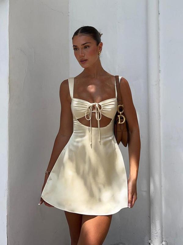 Women's Plain Cut Out Drawstring Ruched Sleeveless Cami Dress, Elegant Fashion Casual Zipper Back Short Dress for Daily Outdoor Wear, Ladies Dress for Summer, Womenswear for Lady, Birthday Gifts