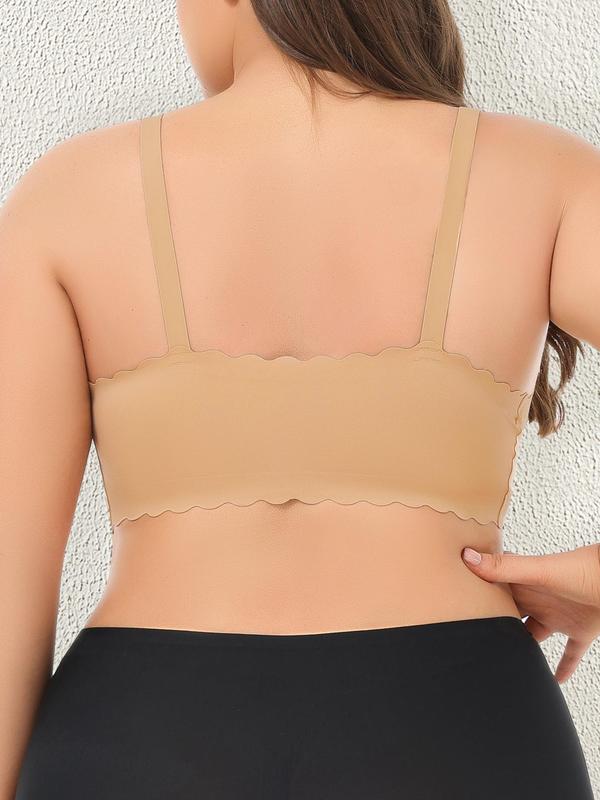 Plus Size Solid Scallop Trim Wireless Bra with Removable Pads Design, Adjustable Strap Push Up Bralette, Lingerie for Women, Women's Lingerie for All Seasons