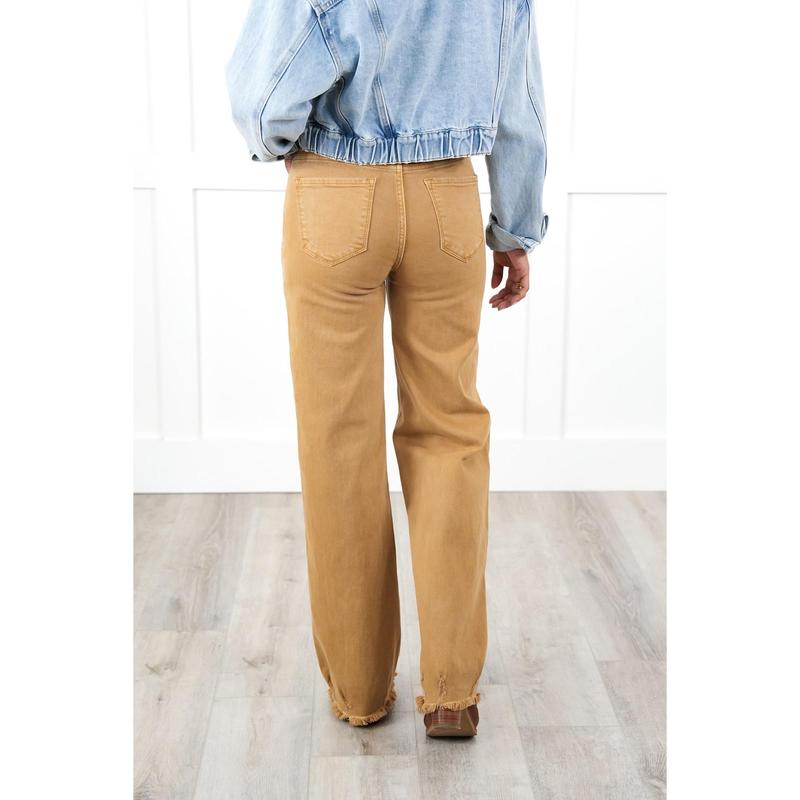 Risen High Rise Khaki Distressed Hem Wide Leg Jeans
