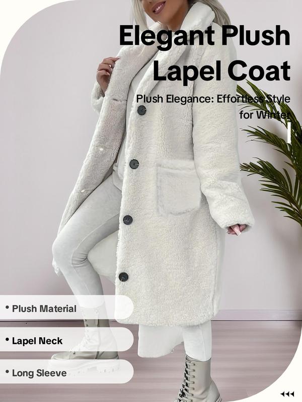 Women's Solid Color Button Front Lapel Neck Plush Coat, Elegant Pocket Long Sleeve Fuzzy Outerwear for Fall & Winter, Women's Clothing for Daily Wear