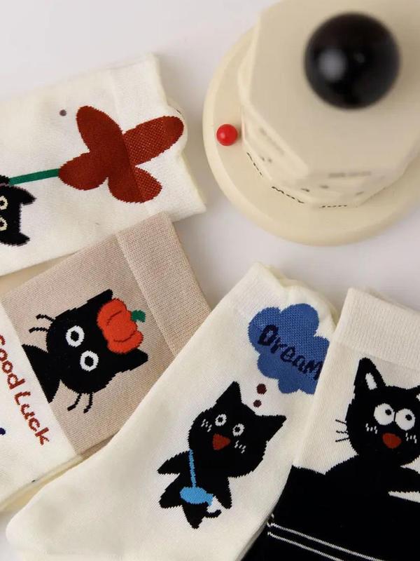 Women's Cartoon Cat Print Mid-calf Sock, 8 Pairs Casual Moisture Wicking Sock, Soft Comfy Breathable Sock for All Seasons Daily Wear