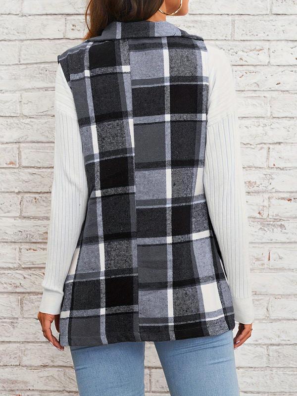 Women's Plaid Print Button Front Vest Blazer, Casual Pocket Lapel Sleeveless Outerwear for Spring & Fall, Ladies Clothes for Daily Wear