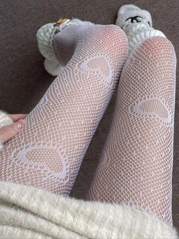 Women's Heart Pattern Hollow Out Tights, 1 Pair Fashion Casual Breathable Sheer Fishnet Pantyhose for Daily Outdoor Wear, Lady Comfort Minimalist Basic Tights for Fall, Womenswear