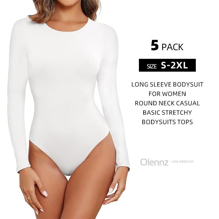OLENNZ 5 packs Womens Long Sleeve Bodysuit Round Neck Bodysuit Shirts for Women Crew Neck Body Suits Tops Fall Body Suit Pack Basic Comfort Fabric Womenswear Crewneck Longsleeves