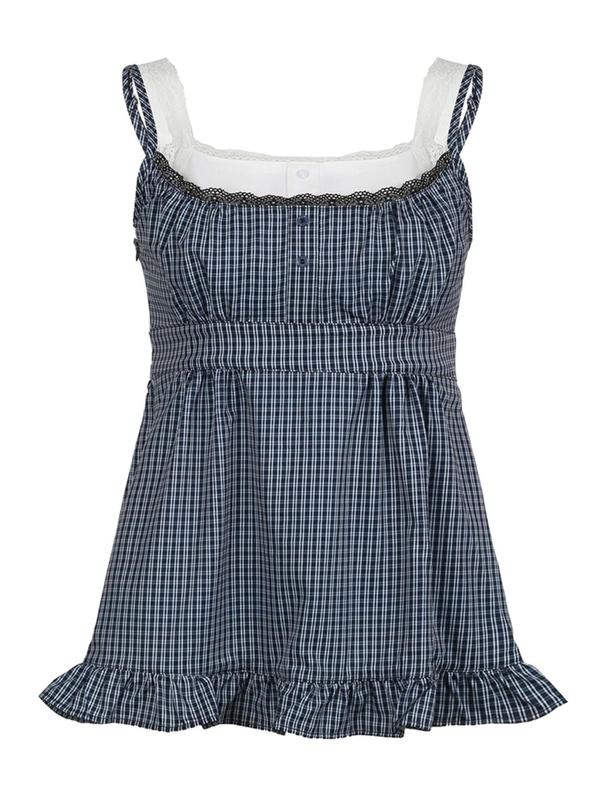 Women's Plaid Print Contrast Lace Fake Buttons Ruffle Hem Tank Top, Street Fashion Casual 2 in 1 Tank Top for Daily Outdoor Wear, Ladies Clothes for Summer