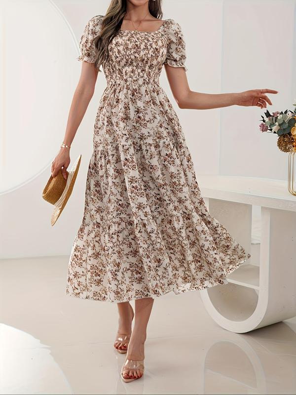 Women's Ditsy Floral Print Puff Sleeve Shirred Ruffle Hem A Line Dress, Boho Fashion Square Neck Short Sleeve Long Dress for Daily Holiday Vacation Wear, Ladies Dress for Summer