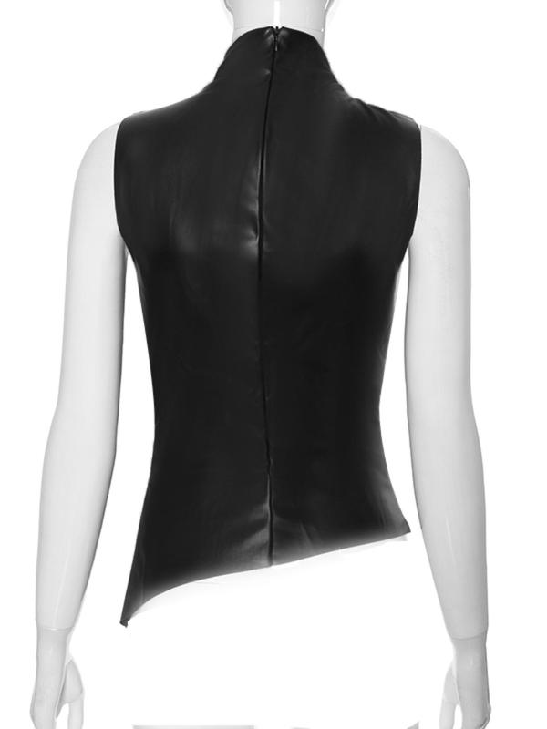 Women's Solid Ruched Mock Neck PU Leather Tank Top, Fashion Casual Asymmetrical Zipper Back Sleeveless Top for Daily Outdoor Wear, Women Clothing for Spring & Fall