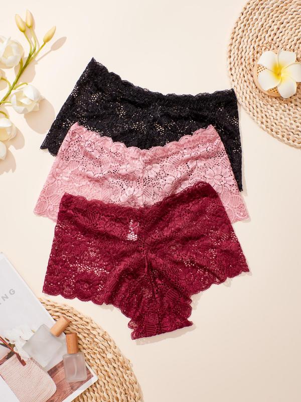 Women's 3pcs Solid Scallop Lace Knickers, Lace Cheeky Panties, High Rise Plain Panty, Multi-pack Lady Comfortable Brief Intimates, Women's Lingerie & Underwear