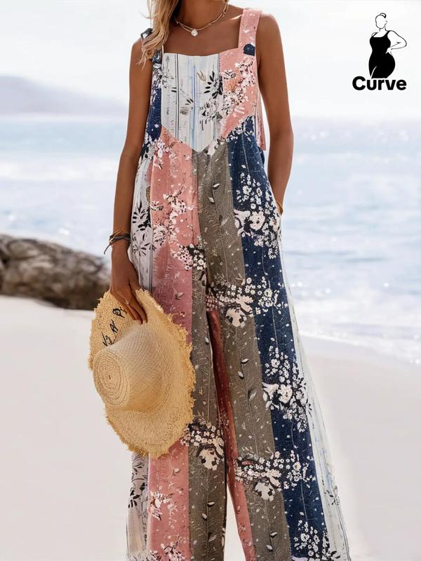  All Over Print Button Overall Jumpsuit, Boho Sleeveless Wide Leg Jumpsuit for Beach Holiday Vacation, Summer Clothes Women, Women's Clothes, Plus Size Women's Clothing
