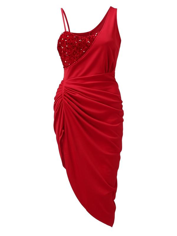 Women's Glitter Sequin Ruched Split Hem Evening Dress, Elegant Sleeveless Bodycon Dress for Party & Banquet, Ladies' Clothes for All Seasons