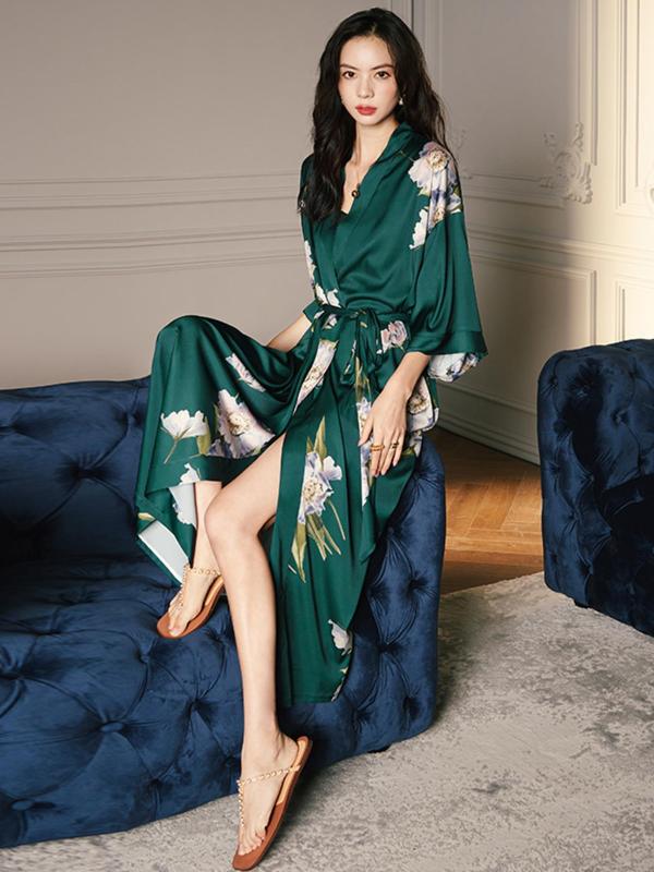 Women's Floral Print V Neck Wrap Soft Satin Robe, Summer Clothes Women, Elegant Flounce Sleeve Belted Dressing Gown, Fashion Soft PJ Homewear