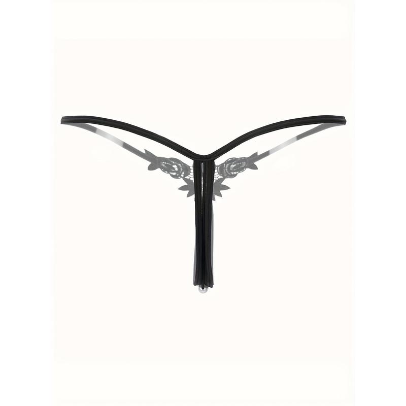 4 Pcs Seductive Lace Thongs, Low Waist Open Crotch Sheer G-String With Pendant Pearl, Women's Sexy Lingerie & Underwear
