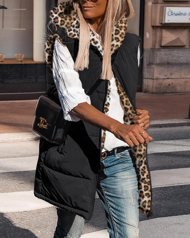 ChicMe Women's Reversible Leopard Pattern Vests Sleeveless Fleece Lined Jacket Zip Up Hoodie Pockets Long Warm Winter Coat Casual Womenswear