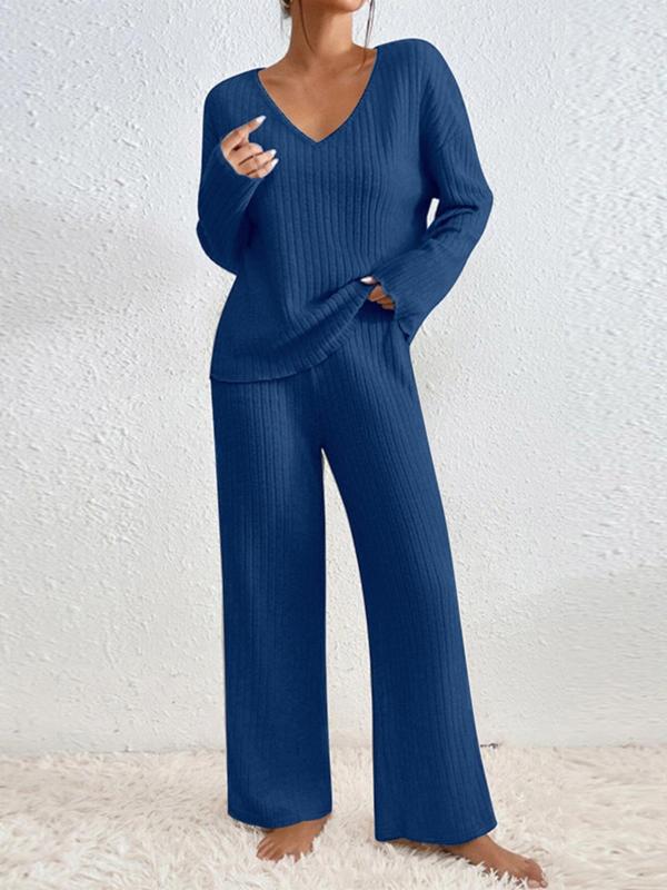 Women's Solid Drop Shoulder Top & Wide Leg Pants Loungewear Two-piece Set, Lady Homewear, Basic Womenswear, Casual Comfy V Neck Longsleeves Top & Trousers Pj Set, Pajama Sets Women, Ladies Sleepwear for Spring & Fall, Fall Wear, Fallfreshness