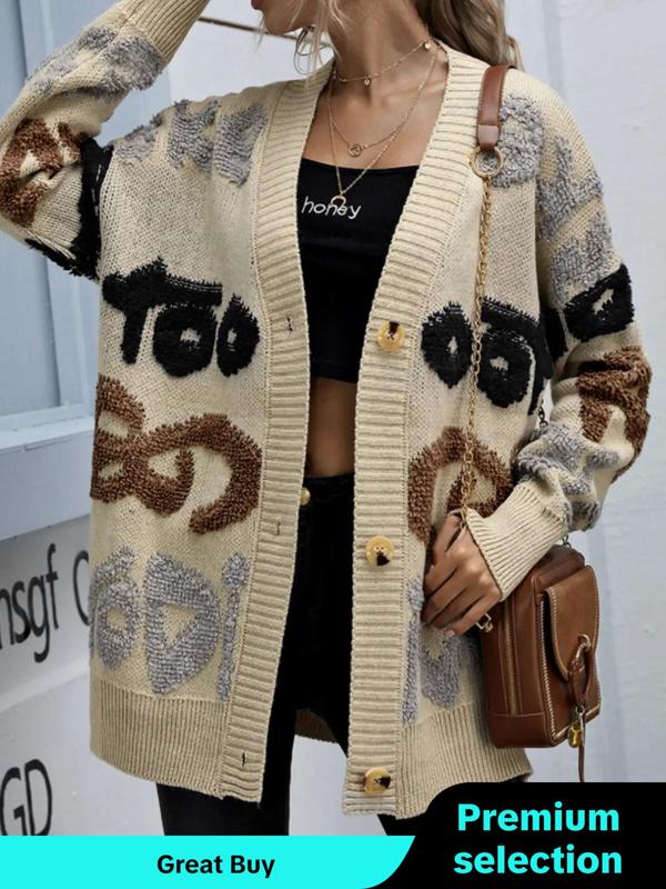 Women's Letter Jacquard Drop Shoulder Cardigan, Cardigan for Women, Casual Long Sleeve V Neck Button Front Knitwear for Spring & Fall, Fashion Women's Knit Clothing for Daily Wear