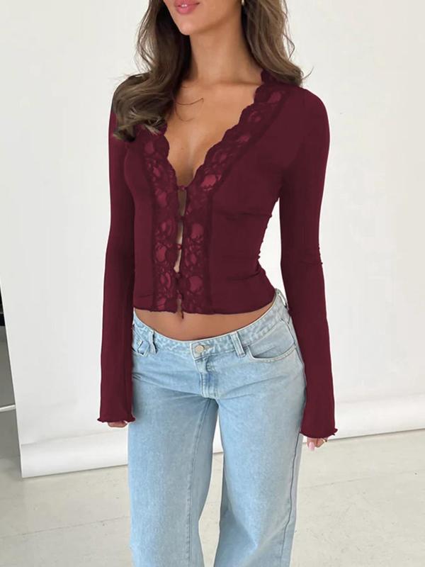 Women's Contrast Lace Button Front Flounce Sleeve Tee, Elegant Deep V Neck Scallop Trim Long Sleeve Top for Spring & Fall, Ladies Clothes for Daily Wear, Fall Outfits Black Girl, Fall Outfits 2024