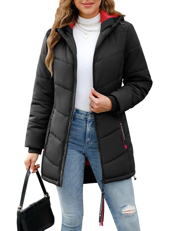 Women's Solid Drawstring Pocket Zip Up Hooded Quilted Jacket, Casual Tops, Long Sleeve Outerwear for Fall & Winter, Ladies Clothes for Daily Wear