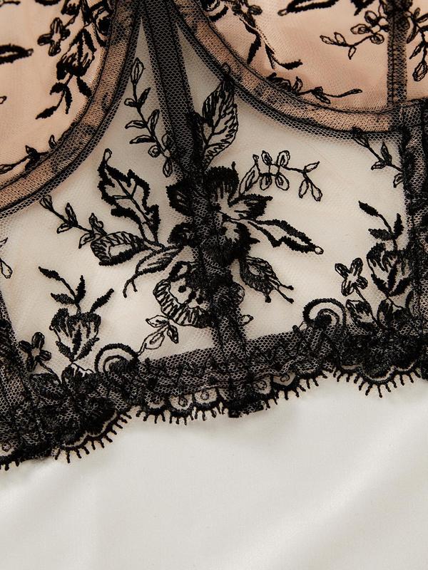 Women's Contrast Lace Sheer Sexy Lingerie Set, Push Up Bra & Chain Decor Thong Set, Soft Comfy Breathable Lingerie Set for Women