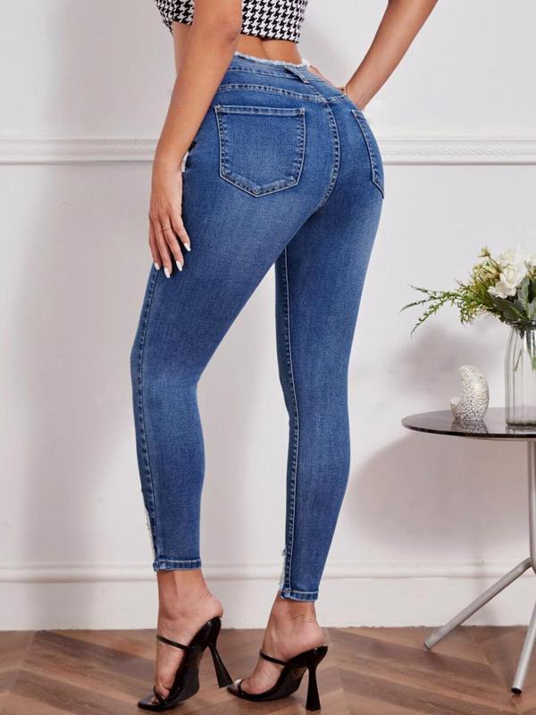 Vintage Women's Plain Ripped Button Pocket Skinny Jeans, Fashion Casual Comfort Raw Hem Denim Trouser for Daily Outdoor Wear, Ladies Bottoms for All Seasons, Womenswear
