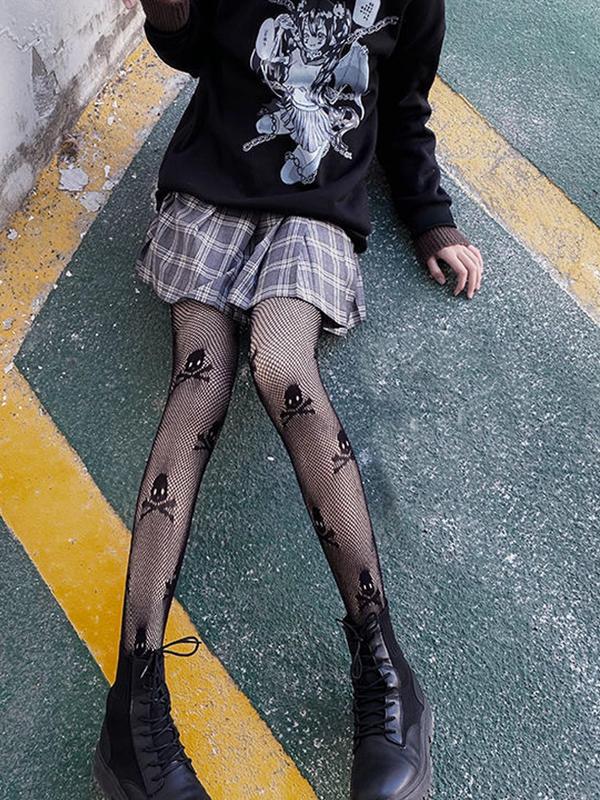 Women's Skull Pattern Fishnet Tights, Gothic Punk Style Sheer Mesh Tights, Sexy Pantyhose for Halloween Cosplay Dance, High Stretch Tights