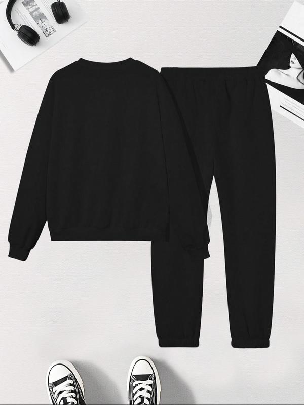 Women's Letter Print Drop Shoulder Sweatshirt & Pocket Sweatpants Two-piece Set, Casual Fashion Cozy Round Neck Long Sleeve Pullover & Jogger Pants for Daily Wear, Women's Two-piece Outfits for Fall & Winter