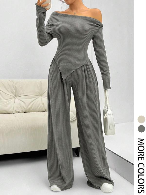 Women's Solid Off Shoulder Asymmetrical Tee & Elastic Waist Pants Two-piece Set, Casual Fashion Cozy Long Sleeve Ribbed Top & Lettuce Trim Trousers for Daily Outdoor Wear, Matching Sets, Women's 2 Piece Co Ord Sets for Spring & Fall