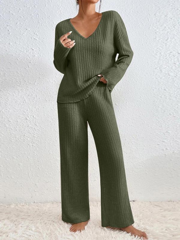 Women's Solid Drop Shoulder Top & Wide Leg Pants Loungewear Two-piece Set, Lady Homewear, Basic Womenswear, Casual Comfy V Neck Longsleeves Top & Trousers Pj Set, Pajama Sets Women, Ladies Sleepwear for Spring & Fall, Fall Wear, Fallfreshness