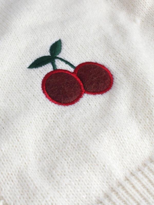 Women's Cherry Embroidery Cable Knit Crop Cardigan, Cute Long Sleeve Open Front Knitwear for Fall & Winter, Fashion Women's Knit Clothing for Daily Wear