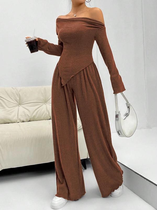 Women's Solid Off Shoulder Asymmetrical Tee & Elastic Waist Pants Two-piece Set, Casual Fashion Cozy Long Sleeve Ribbed Top & Lettuce Trim Trousers for Daily Outdoor Wear, Matching Sets, Women's 2 Piece Co Ord Sets for Spring & Fall