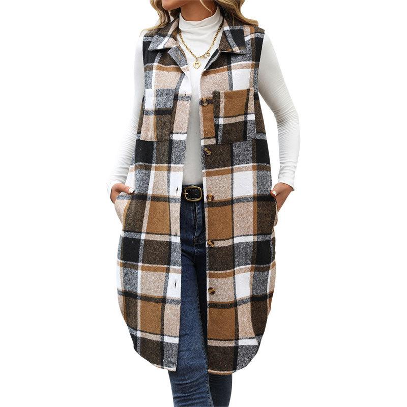 New Autumn Women's Clothing Lapel Long Plaid Coat Vest