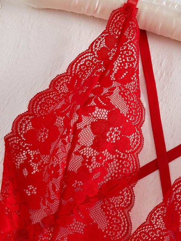 Women's Heart Rhinestone Decor Criss Cross Backless Sexy Lace Bodysuit, Adjustable Strap Scallop Trim Bodysuit for Indoor Wear, Women's Lingerie for All Seasons
